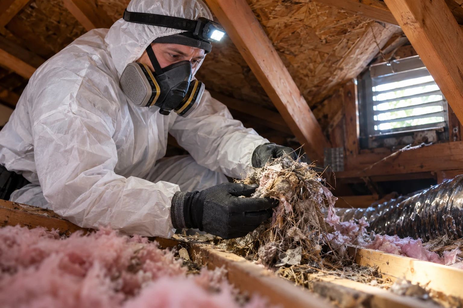 Rodent Exclusion Services in west palm beach: rodent control technician kneeling at the base of a garage door, installing a