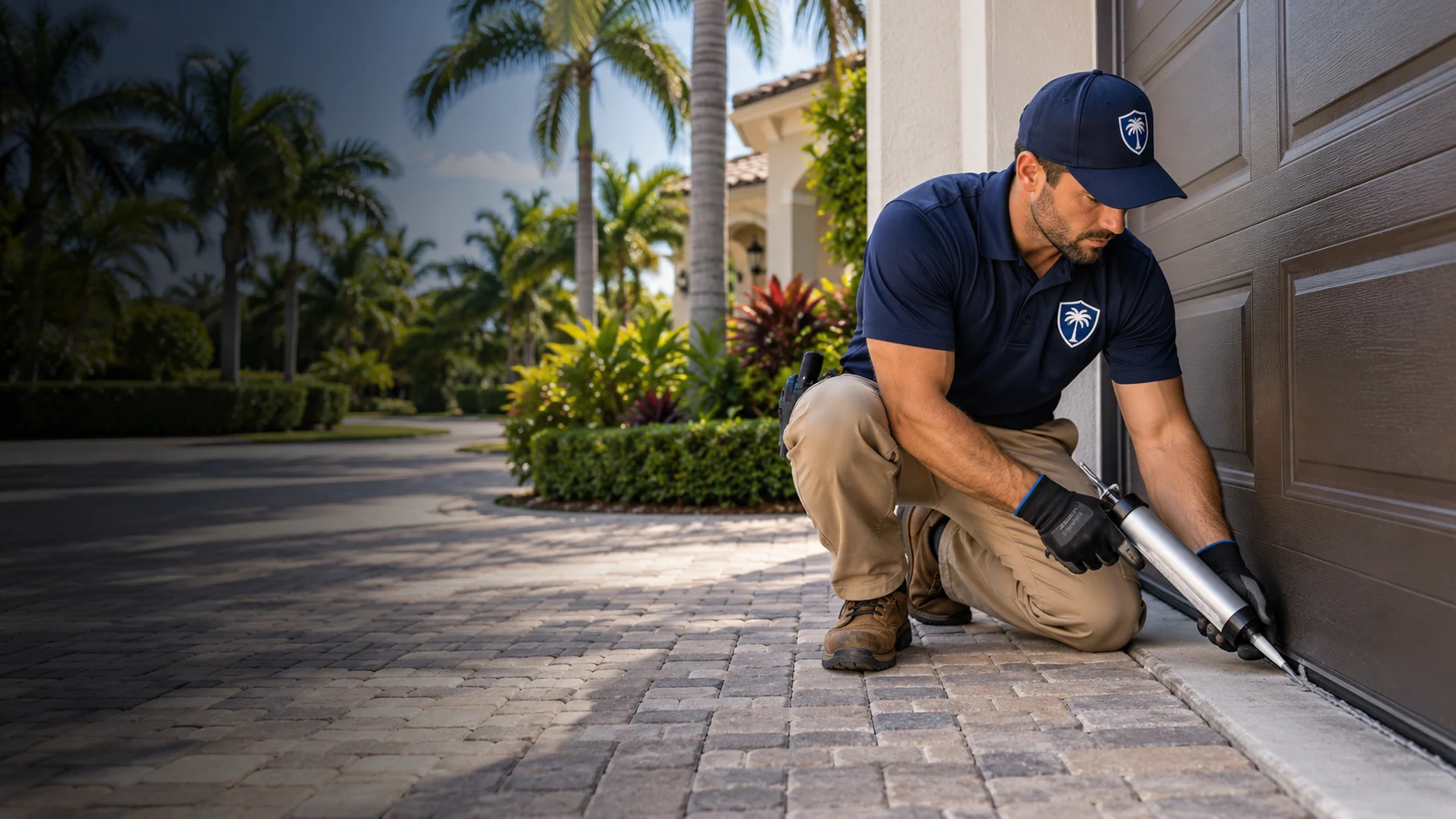 Technician checking a rodent entry point around a West Palm Beach home